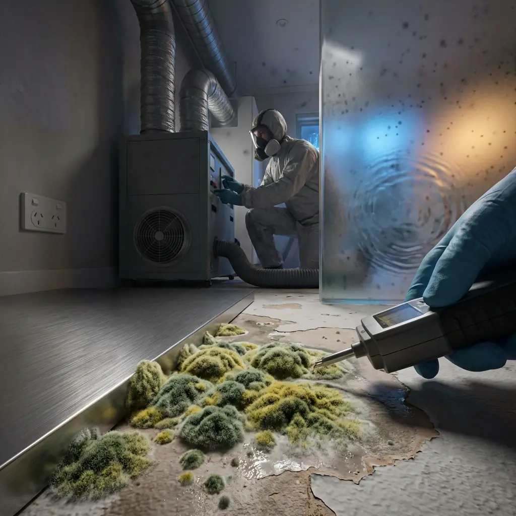 Close-up of green and yellow Aspergillus mould colony on damp plasterboard